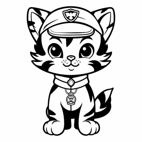 Black and White Cartoon Illustration of Cute Kitten Police Anima