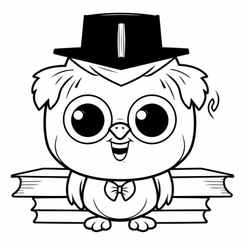 Outlined Owl Cartoon Mascot Character Wearing a Top Hat