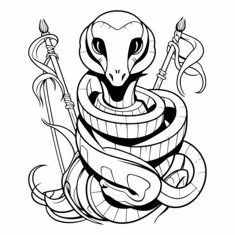 Snake with spear. Tattoo design in black and white.