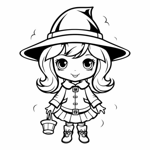 Black and White Cartoon Illustration of Cute Little Witch Girl C