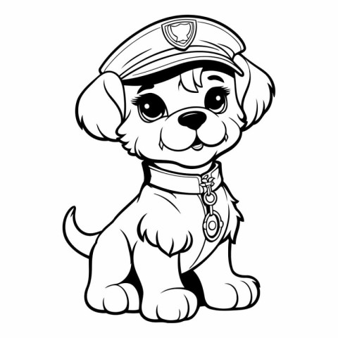 Puppy in a police cap. Black and white vector illustration.