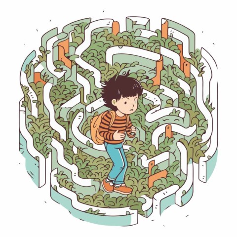 Illustration of a boy walking in a maze.