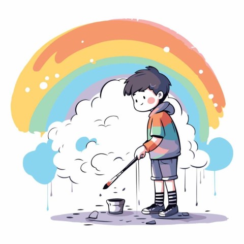 Boy with a brush and bucket on the background of the rainbow.