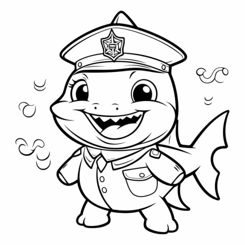 Black and White Cartoon Illustration of Cute Fish Captain Charac