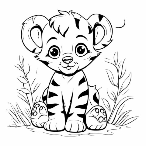 Cute baby tiger sitting in the grass for coloring book.