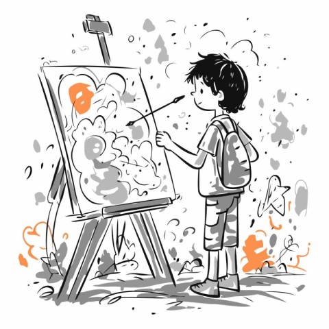 Illustration of a boy painting a picture on an easel.