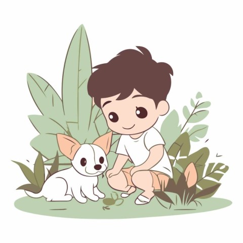 cute little boy playing with dog in the garden vector illustrati