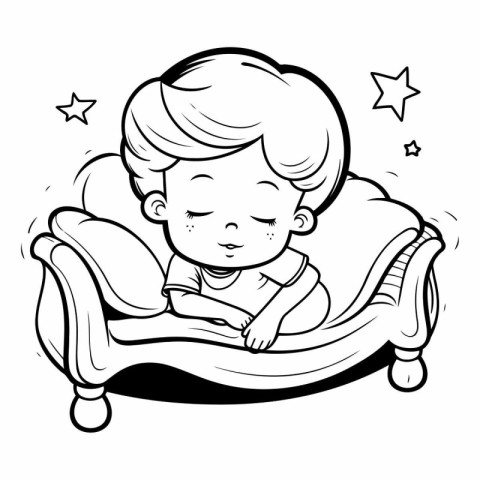 Black and White Cartoon Illustration of Cute Baby Boy Sleeping o