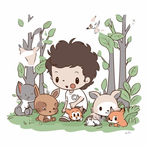 Boy with a group of animals in the forest.