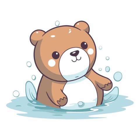 Cute cartoon bear swimming in the water on white background.