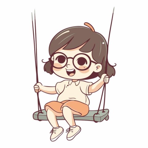 Cute little girl swinging on a swing. Vector cartoon illustratio