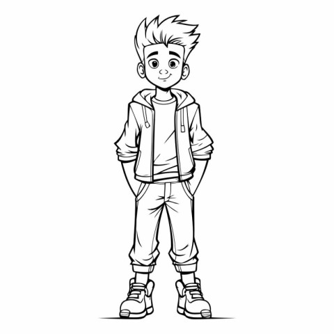 Vector illustration of a boy in a warm jacket and jeans on a whi