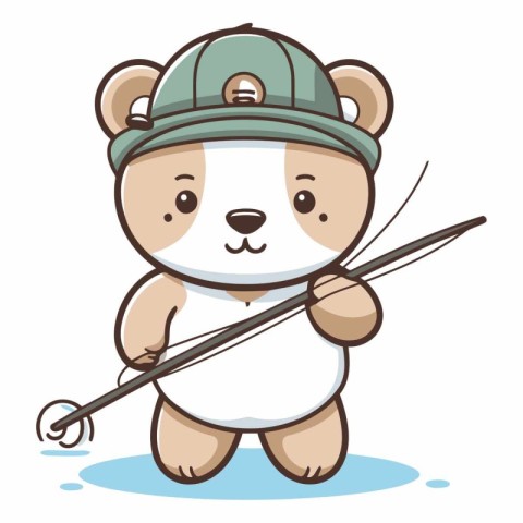 Cute cartoon bear with fishing rod. Vector clip art illustration