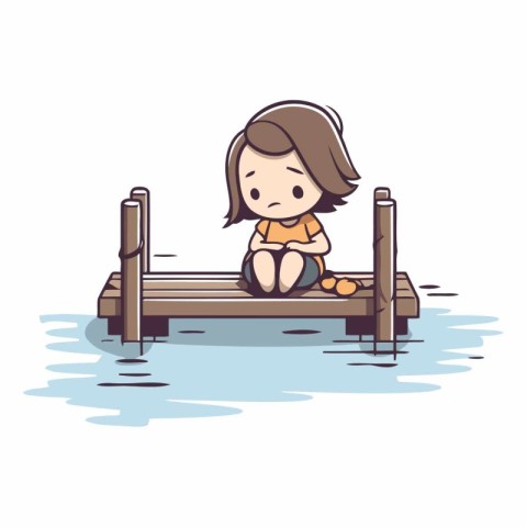 cute little boy sitting on the wooden dock cartoon vector illust