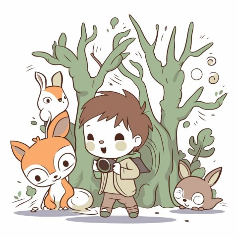 Illustration of a Boy Hiding Behind a Tree with his Pets