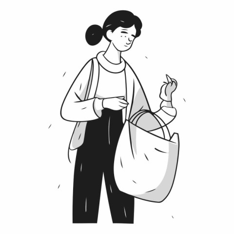 Vector illustration of a woman with a shopping bag in her hands.