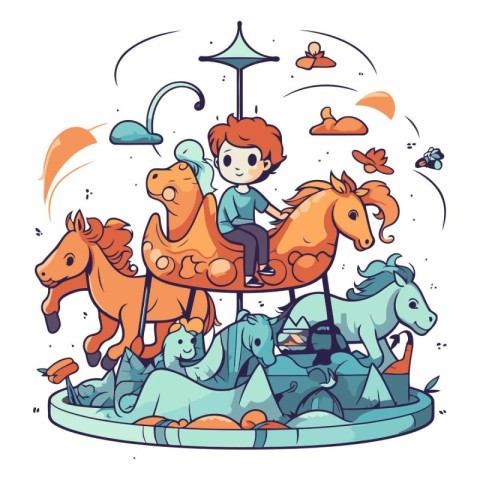 Vector illustration of a boy riding a horse on a carousel.