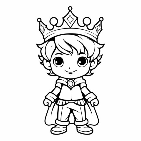 Cute cartoon prince with crown. Black and white vector illustrat