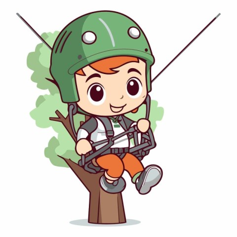 Boy with a fishing rod on a tree. Cartoon vector illustration.