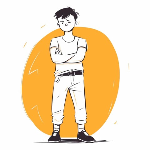 Young man standing with crossed arms in cartoon style.