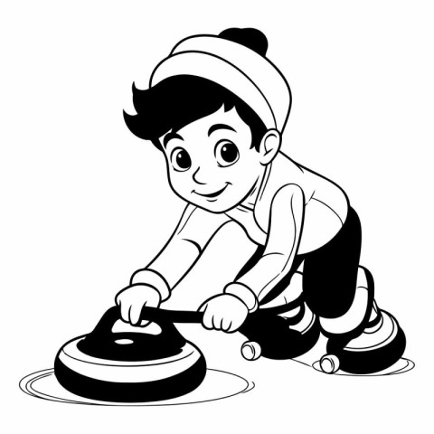 Cartoon little boy playing ice hockey. Black and white vector il