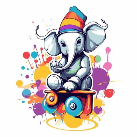 Circus elephant in a hat with a circus wheel.