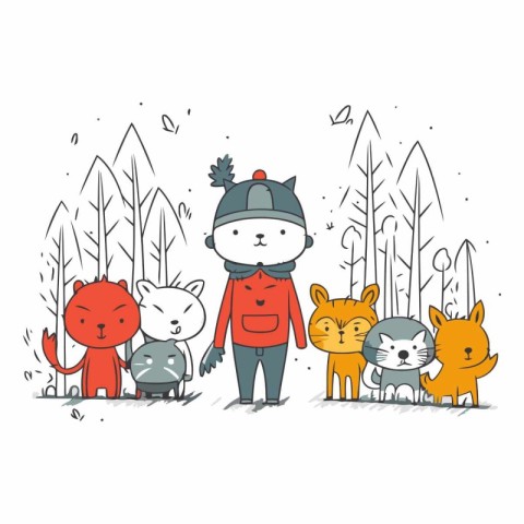 Cute cartoon animals in the forest. Hand drawn vector illustrati