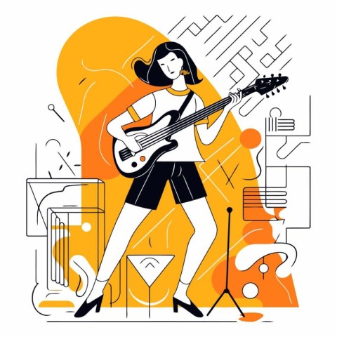 Vector illustration of a girl playing the electric guitar on a m