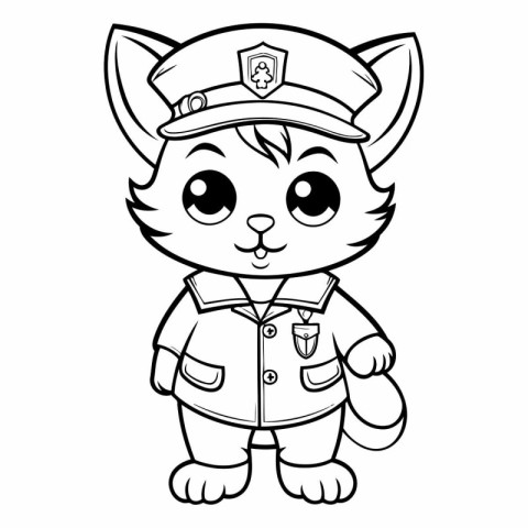 Black and White Cartoon Illustration of Cute Wild Cat Police Off