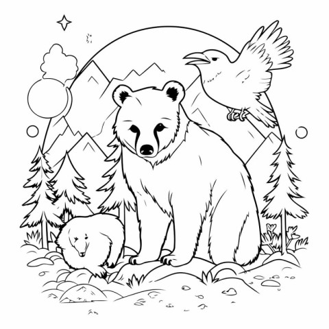 Polar bear and raven in the forest. Black and white vector illus