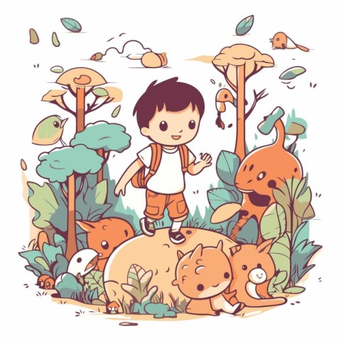 Cute little boy playing with foxes in the forest.