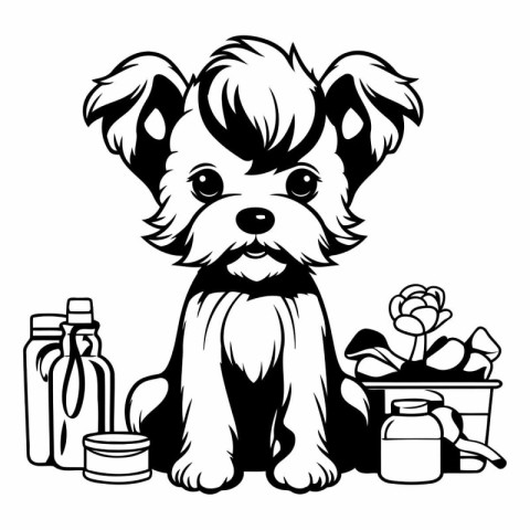 Cute dog with shampoo and shower gel. Black and white vector ill