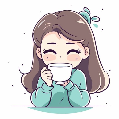 Illustration of a Cute Little Girl Drinking a Cup of Tea