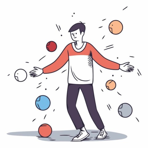 Illustration of a young man juggling balls in the form of planet