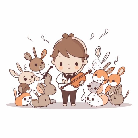 Cute little girl playing violin with group of rabbits.