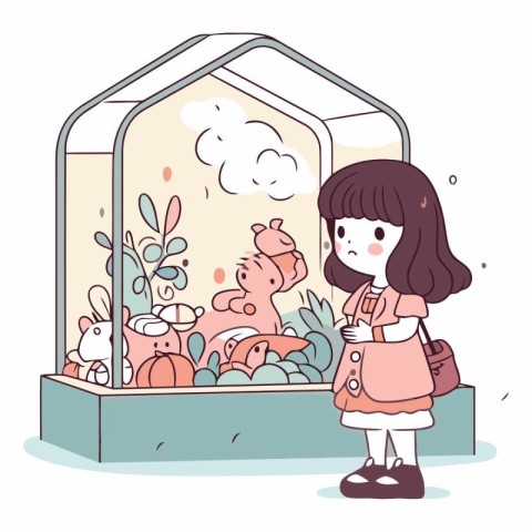 Illustration of a little girl looking at a fish tank with animal