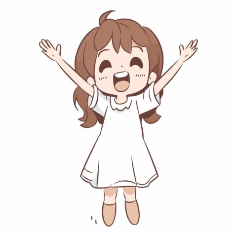 Illustration of a little girl raising her hands up on a white ba