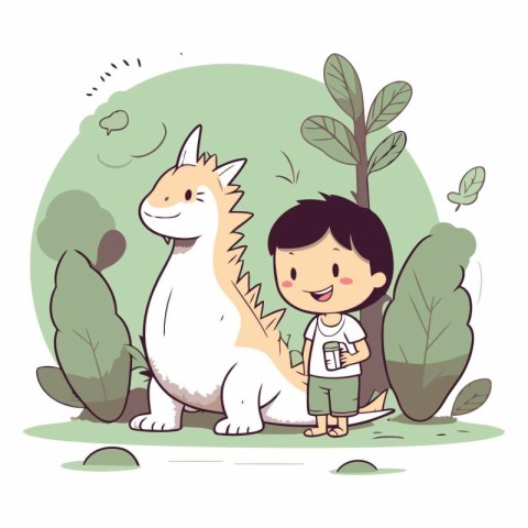 Cute little boy with a dinosaur in cartoon style.