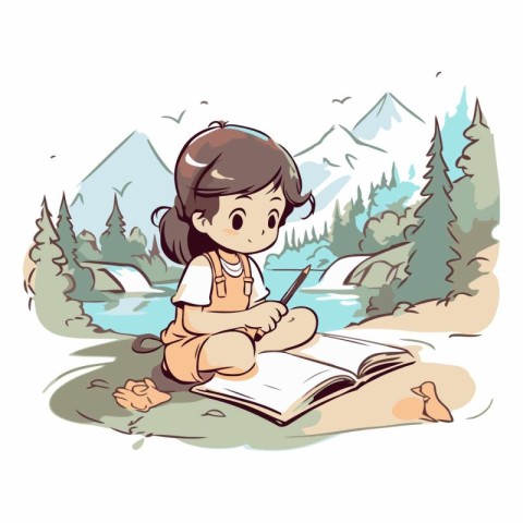 Little girl reading a book by the mountain river.