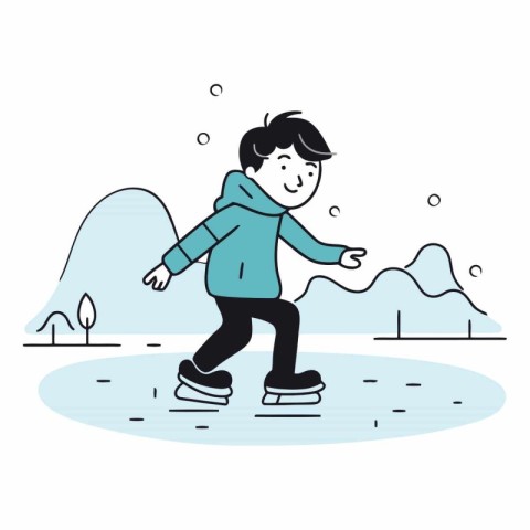 Vector illustration of a boy ice skating on a frozen lake in win