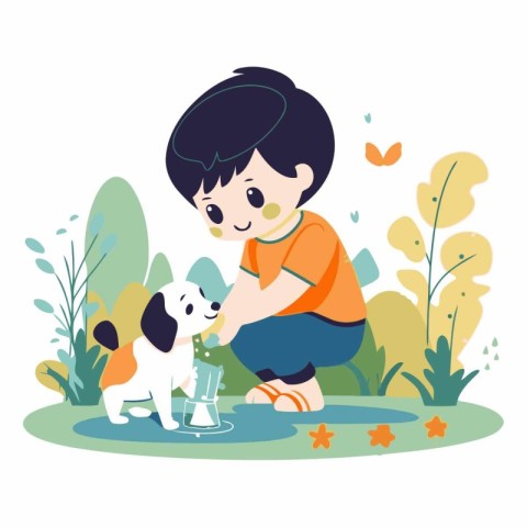 Cute little boy playing with dog in the park.