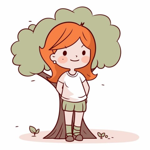 Cute little red-haired girl standing in a tree.