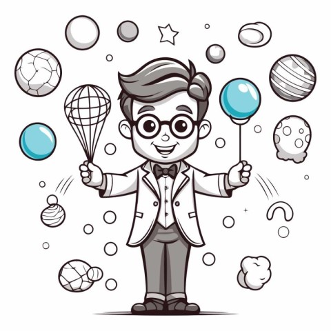 Funny cartoon man juggler juggling balls and spheres.