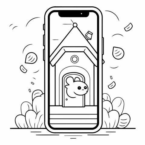 Smartphone with doghouse on screen. Black and white vector illus