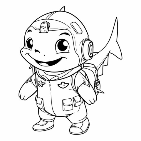 Cute astronaut with shark. Coloring book for children.