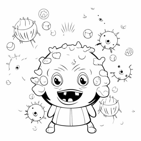 Cute little baby boy playing with viruses. Black and white vecto