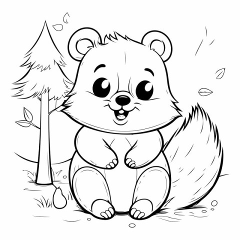 Cute cartoon beaver sitting on the ground.