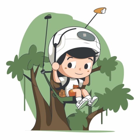 Boy playing golf on the tree in cartoon style.