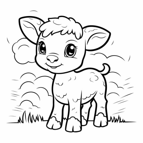 Black and White Cartoon Illustration of Cute Baby Lamb Animal Ch