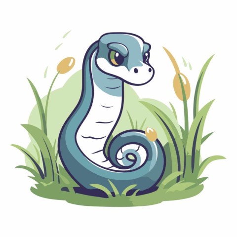 Cute snake in the grass in cartoon style.